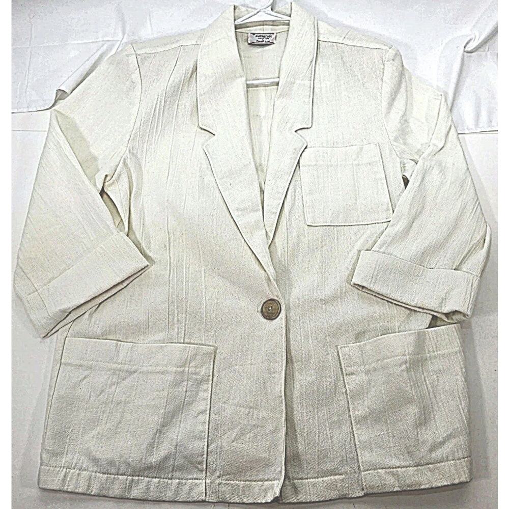 Vintage Women Ivory Blazer Jacket Linen Blend USA Made Size 14 Minimalist Summer